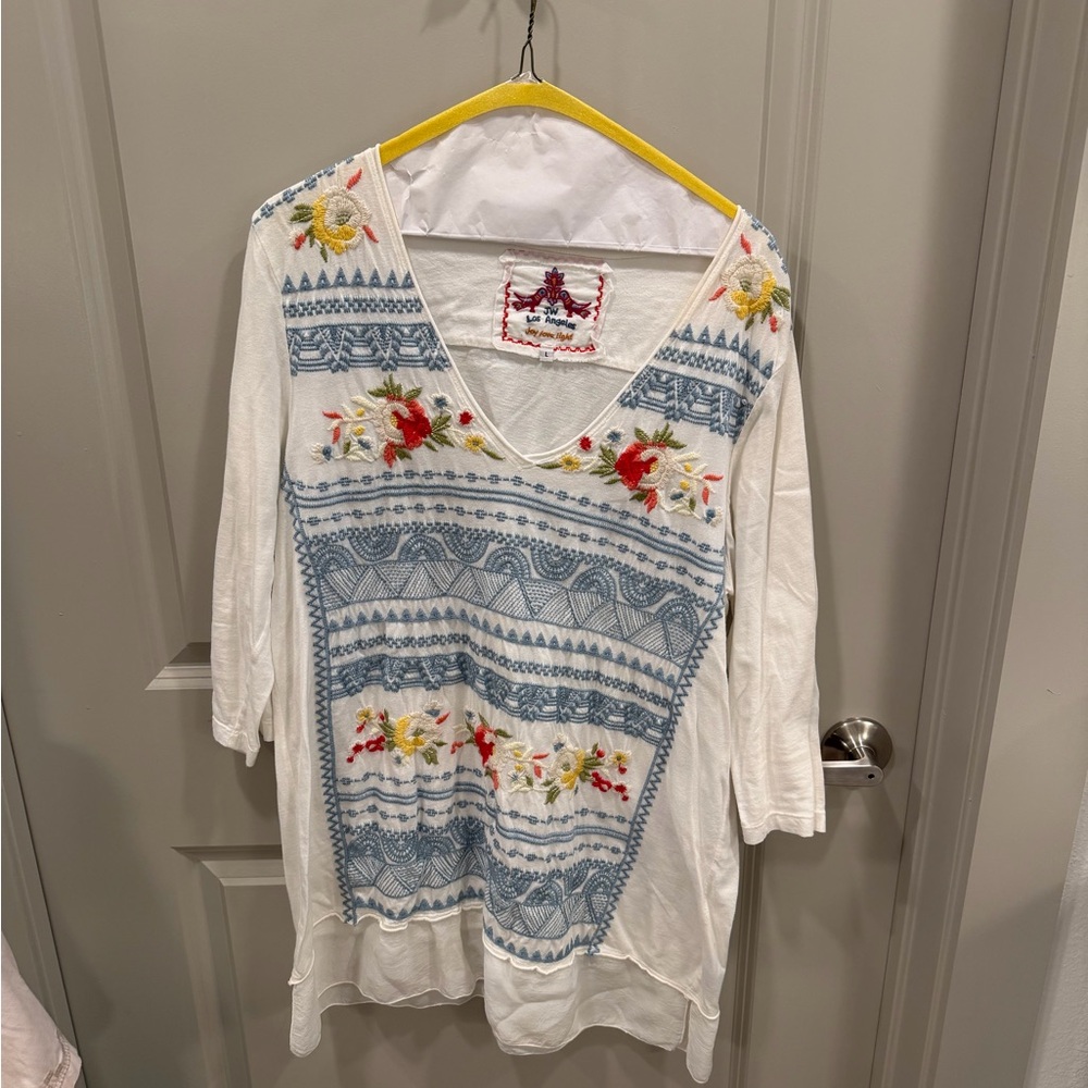 Johnny Was White and Blue Embroidered Blouse
